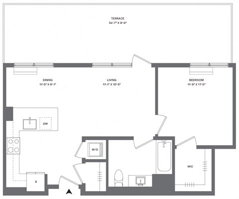 Floor plan for 1 bed, 1 bath, 666 sqft